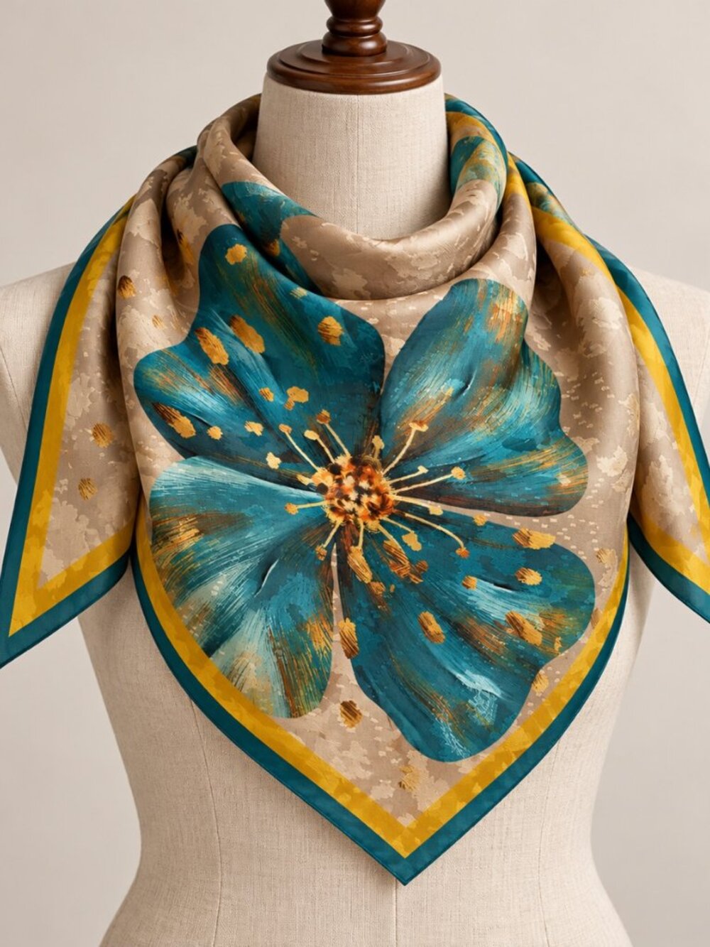 Teal Floral Square Scarf 70x70cm Beige Blue Yellow Statement Scarf